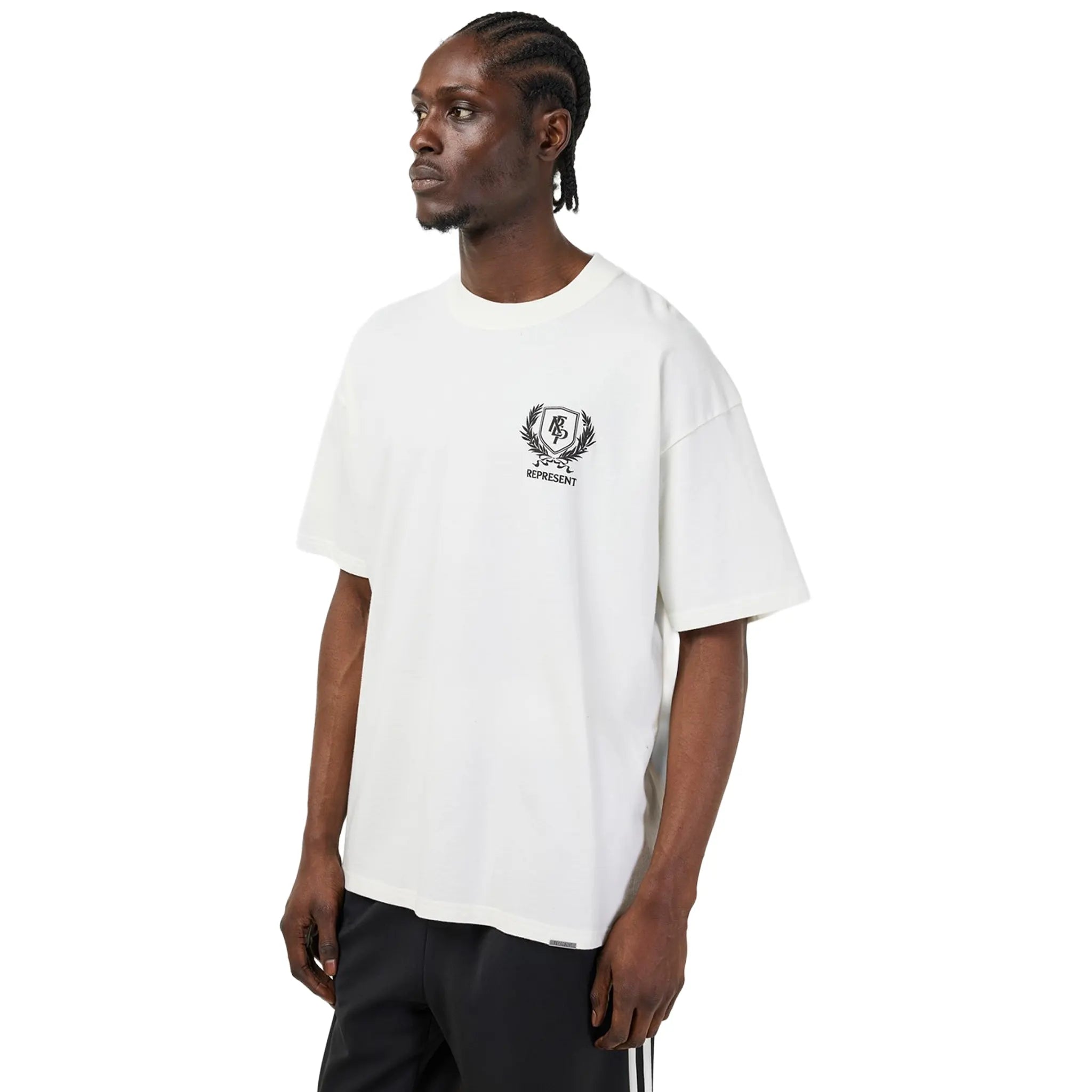 Model detailed Front View of Represent Crest White T Shirt MLM41069-72